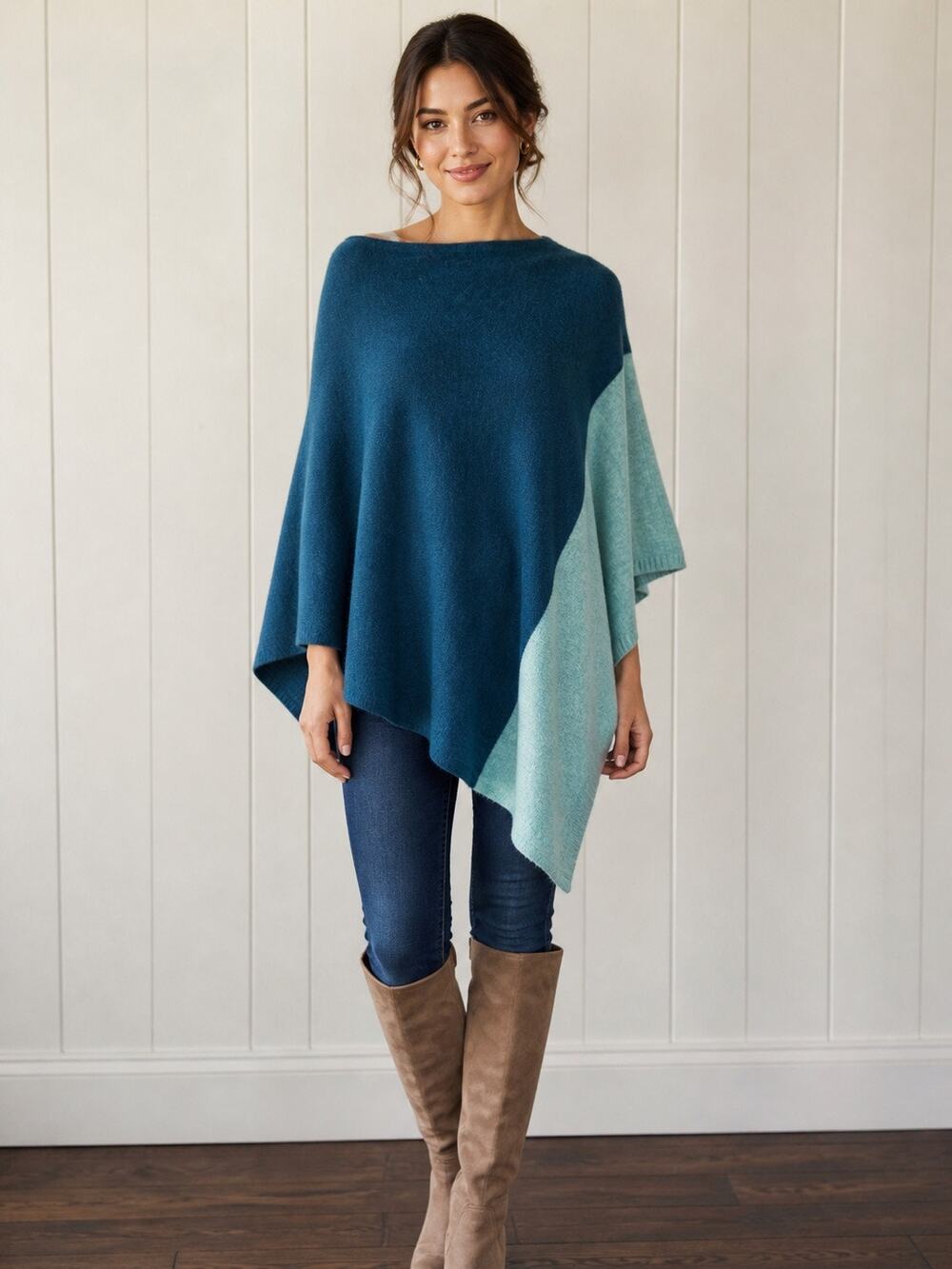 Forte Women's Colorblocked Asymetrical 100% Cashmere Poncho Aqua One Size